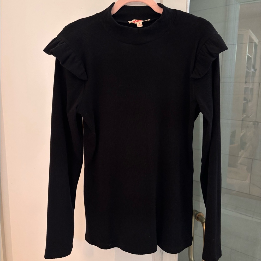 Womens Black Ruffle Shoulder Long-Sleeve Top Size M